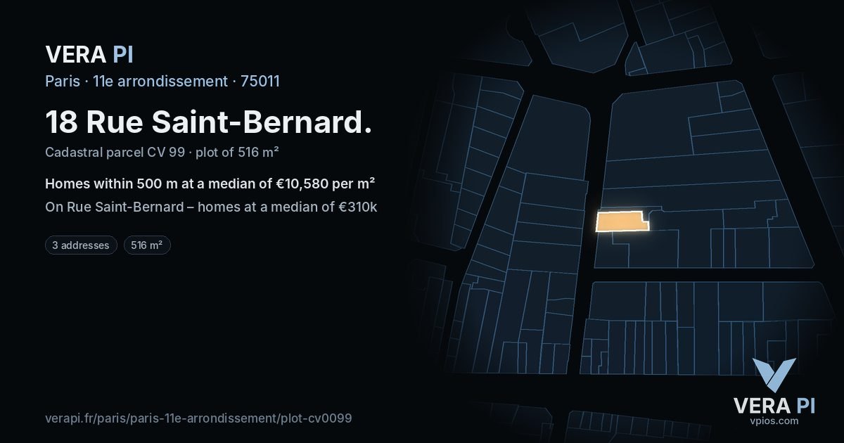 18 Rue Saint-Bernard, 11e arrondissement at night – the plot lit, the parcels around coloured by the prices near them