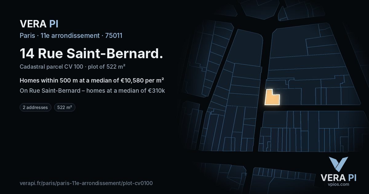 14 Rue Saint-Bernard, 11e arrondissement at night – the plot lit, the parcels around coloured by the prices near them