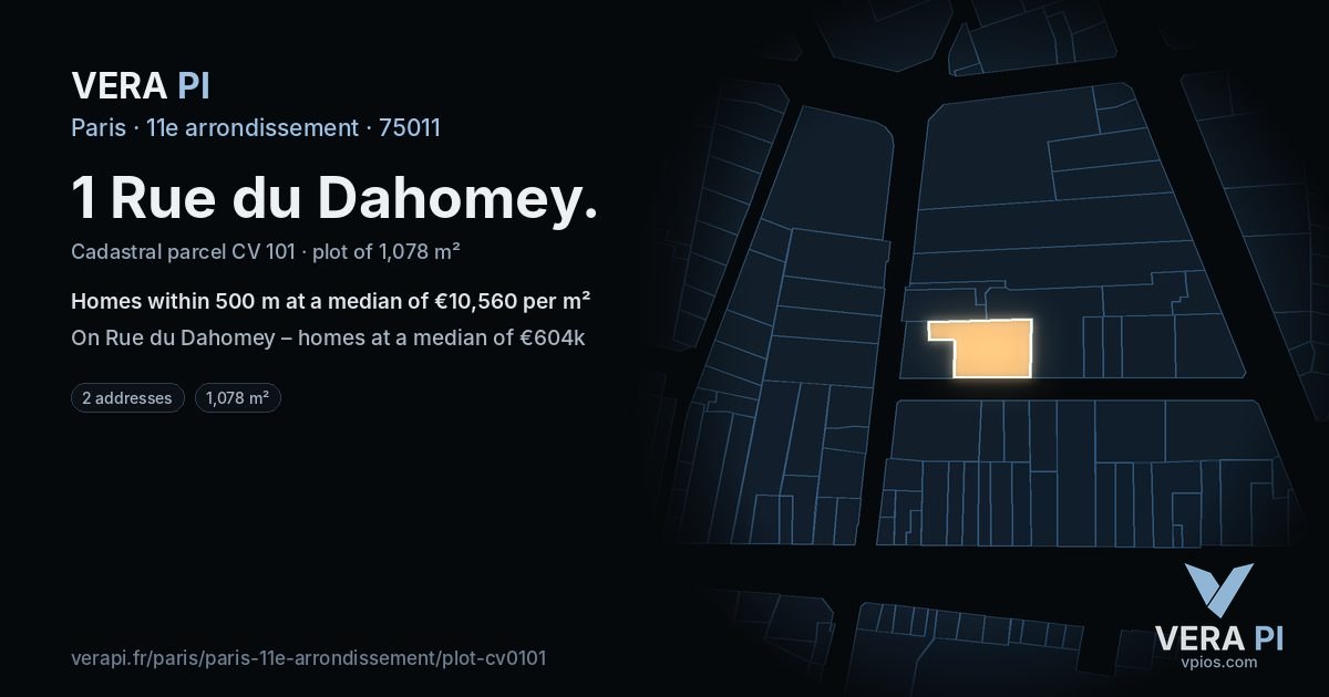 1 Rue du Dahomey, 11e arrondissement at night – the plot lit, the parcels around coloured by the prices near them