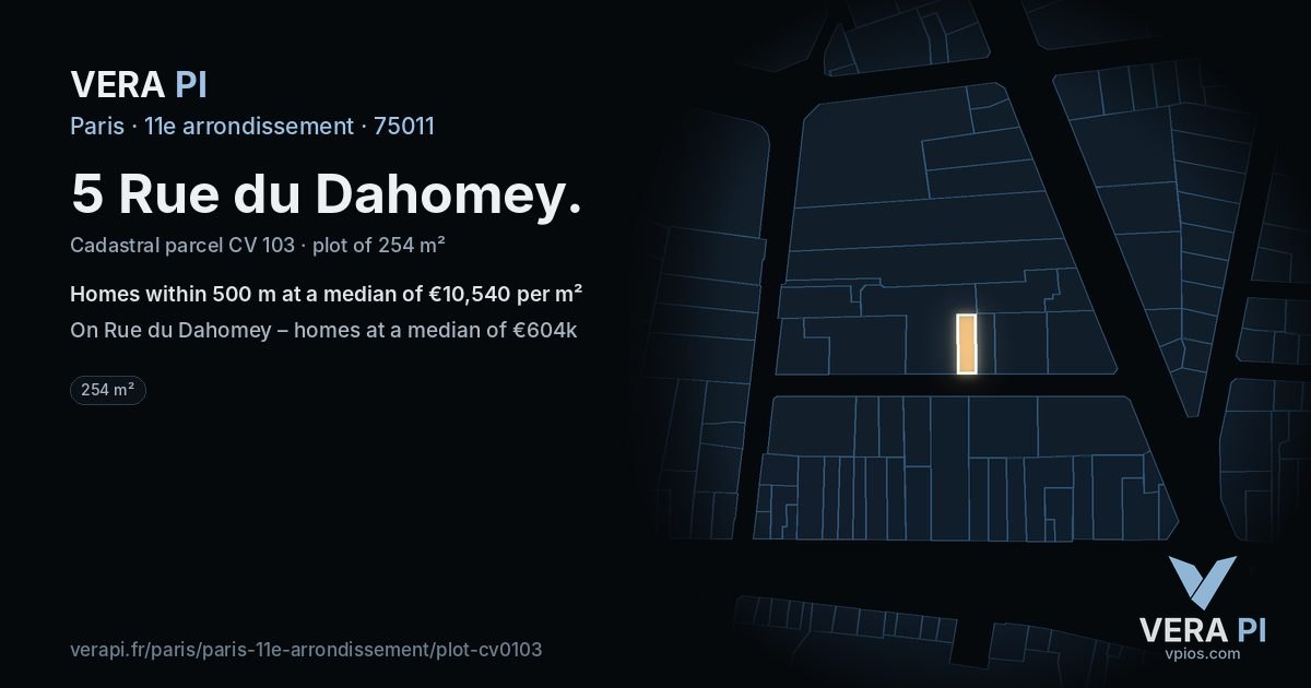 5 Rue du Dahomey, 11e arrondissement at night – the plot lit, the parcels around coloured by the prices near them