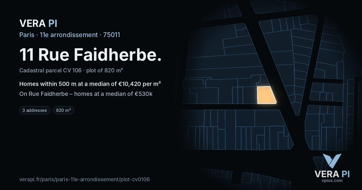 11 Rue Faidherbe, 11e arrondissement at night – the plot lit, the parcels around coloured by the prices near them