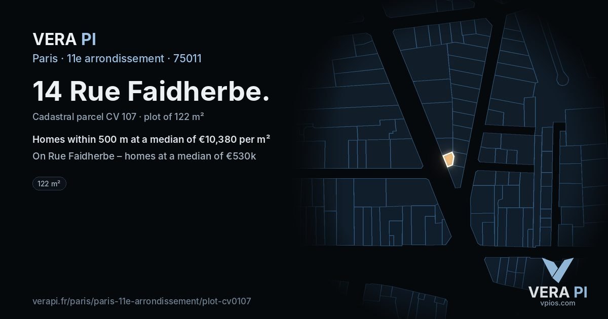14 Rue Faidherbe, 11e arrondissement at night – the plot lit, the parcels around coloured by the prices near them