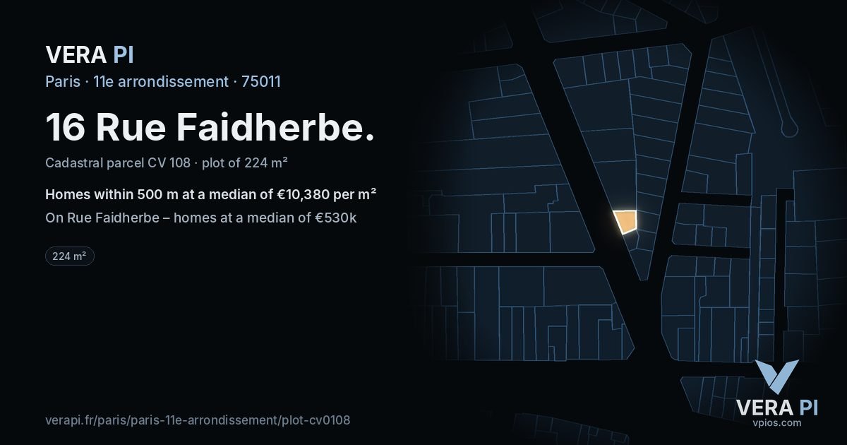 16 Rue Faidherbe, 11e arrondissement at night – the plot lit, the parcels around coloured by the prices near them