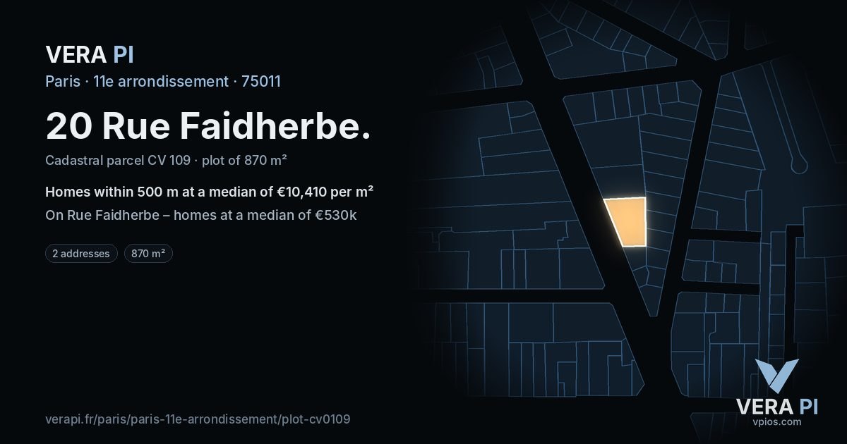 20 Rue Faidherbe, 11e arrondissement at night – the plot lit, the parcels around coloured by the prices near them