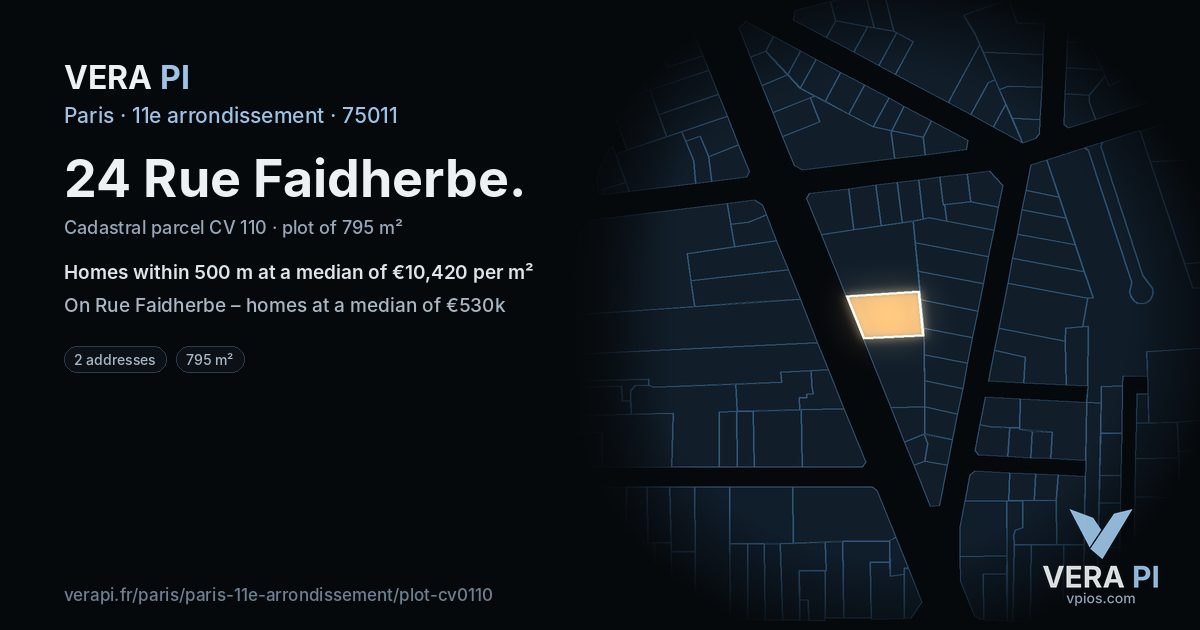 24 Rue Faidherbe, 11e arrondissement at night – the plot lit, the parcels around coloured by the prices near them