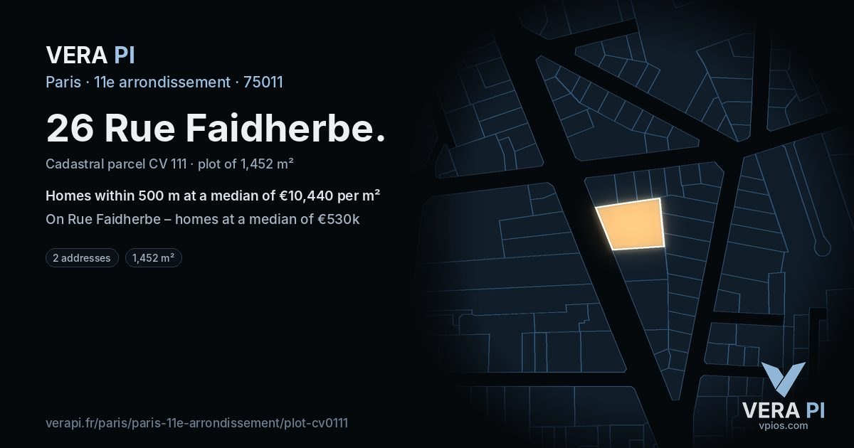26 Rue Faidherbe, 11e arrondissement at night – the plot lit, the parcels around coloured by the prices near them