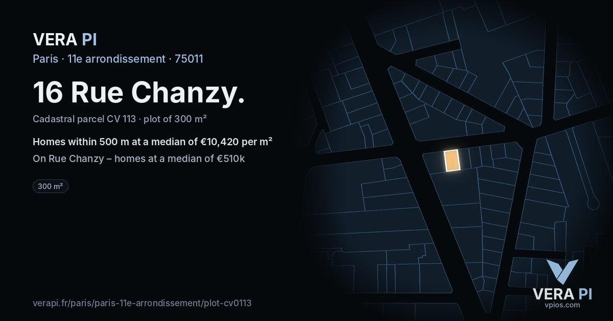 16 Rue Chanzy, 11e arrondissement at night – the plot lit, the parcels around coloured by the prices near them