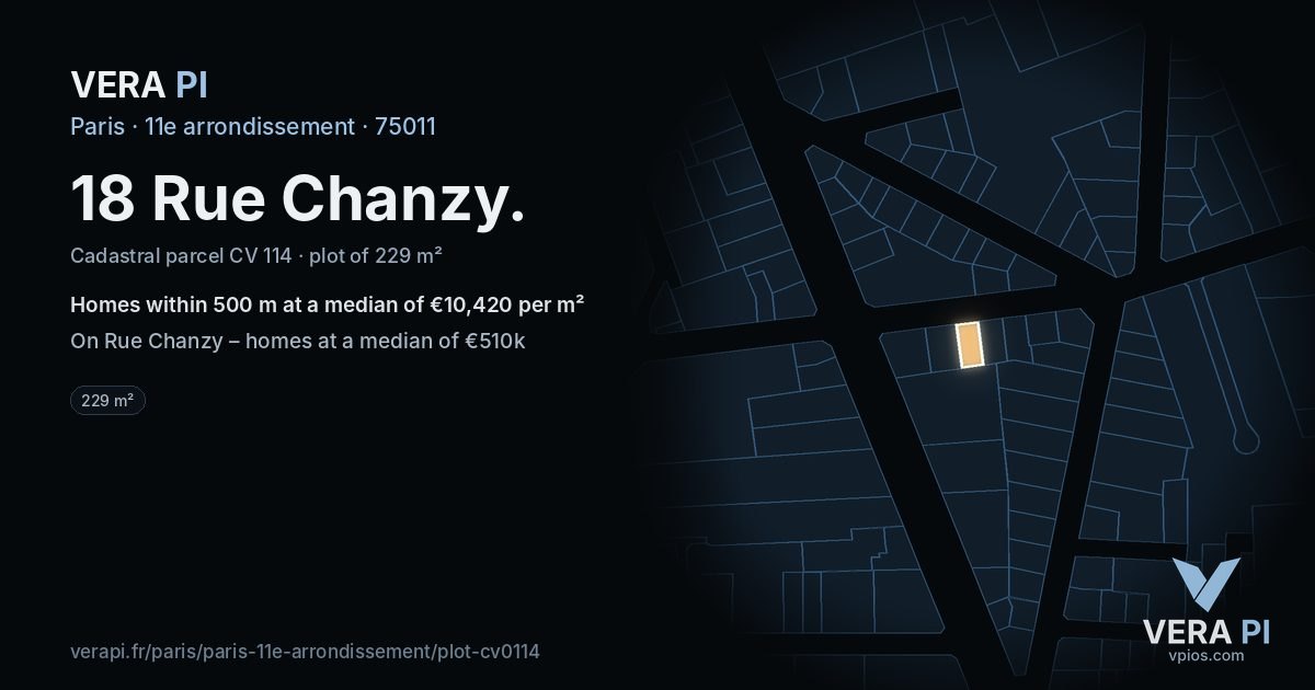 18 Rue Chanzy, 11e arrondissement at night – the plot lit, the parcels around coloured by the prices near them