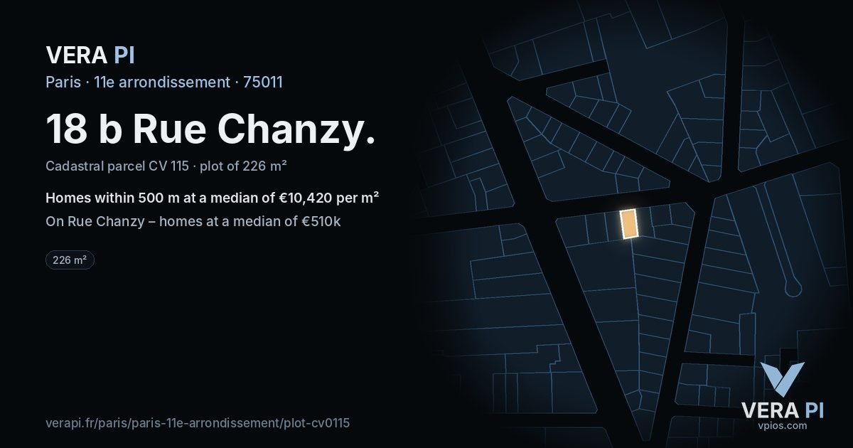 18 b Rue Chanzy, 11e arrondissement at night – the plot lit, the parcels around coloured by the prices near them