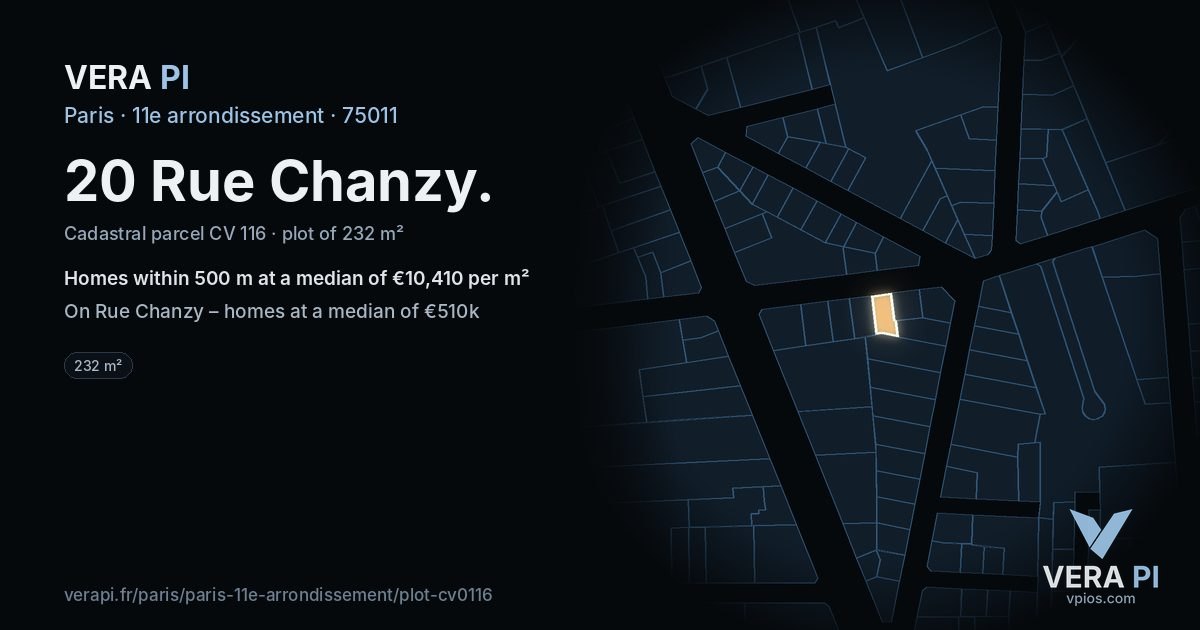 20 Rue Chanzy, 11e arrondissement at night – the plot lit, the parcels around coloured by the prices near them
