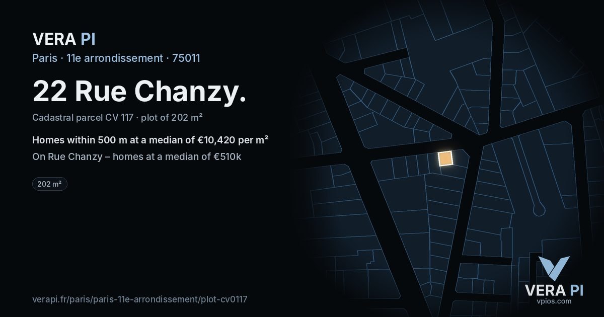 22 Rue Chanzy, 11e arrondissement at night – the plot lit, the parcels around coloured by the prices near them