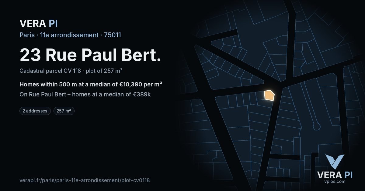 23 Rue Paul Bert, 11e arrondissement at night – the plot lit, the parcels around coloured by the prices near them