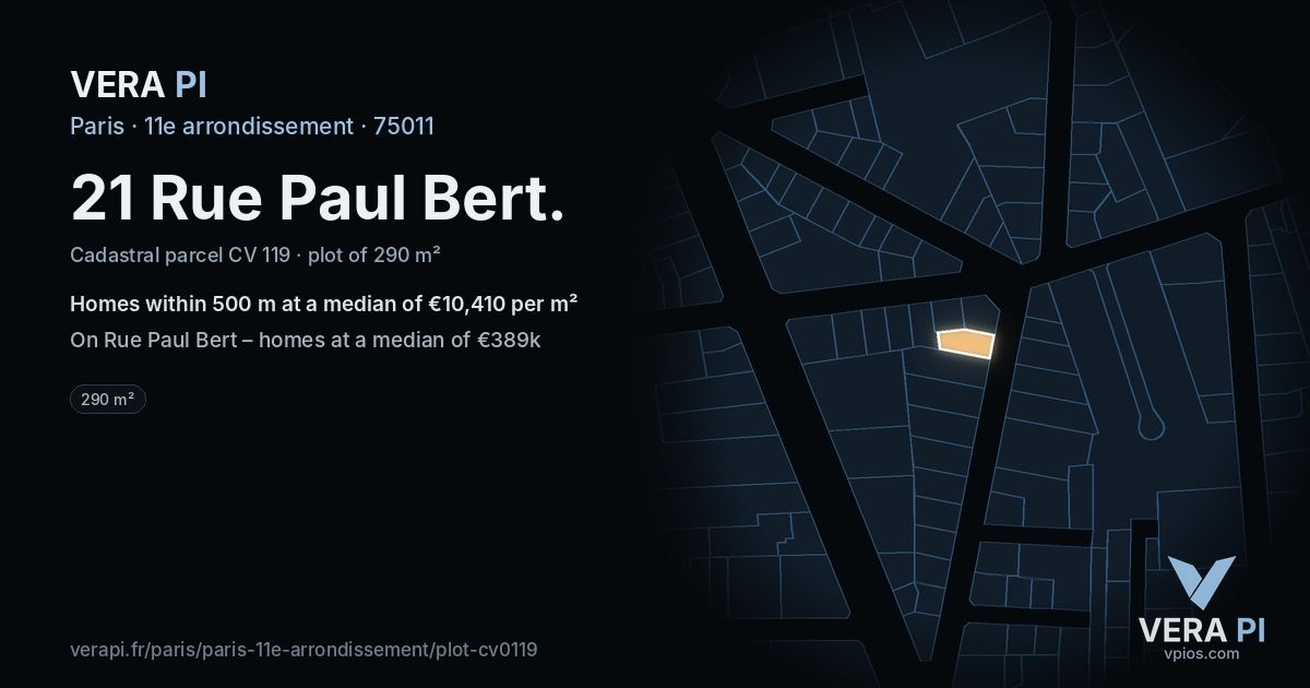21 Rue Paul Bert, 11e arrondissement at night – the plot lit, the parcels around coloured by the prices near them