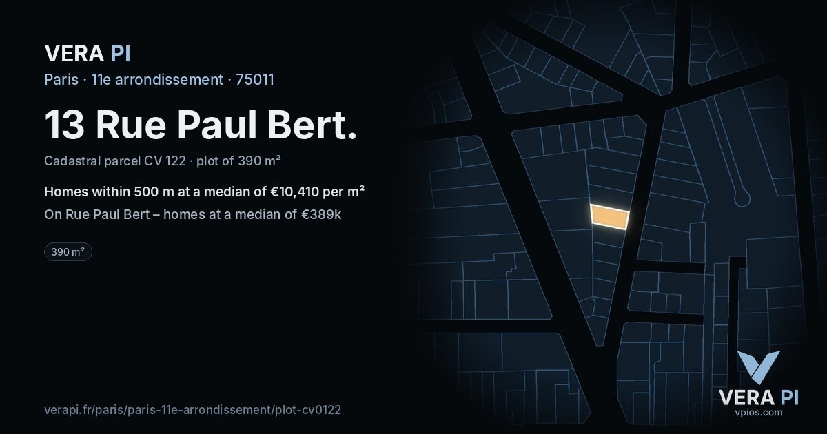 13 Rue Paul Bert, 11e arrondissement at night – the plot lit, the parcels around coloured by the prices near them