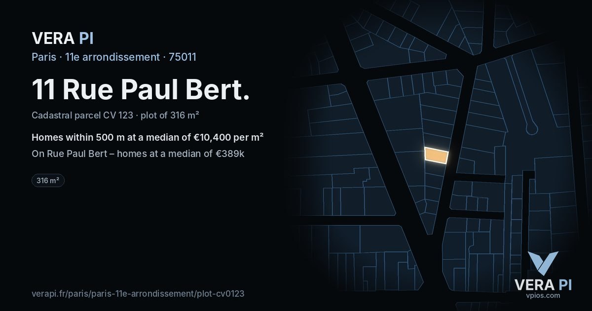 11 Rue Paul Bert, 11e arrondissement at night – the plot lit, the parcels around coloured by the prices near them