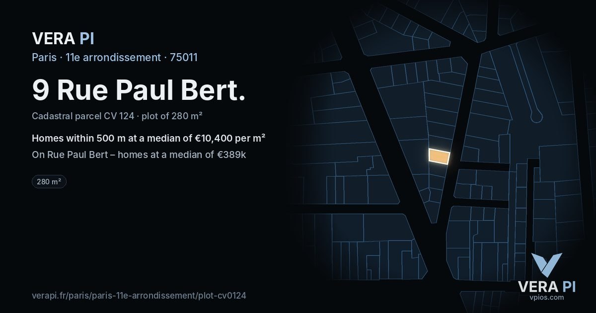 9 Rue Paul Bert, 11e arrondissement at night – the plot lit, the parcels around coloured by the prices near them