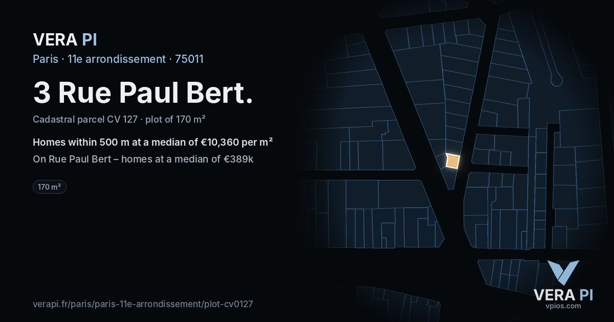 3 Rue Paul Bert, 11e arrondissement at night – the plot lit, the parcels around coloured by the prices near them