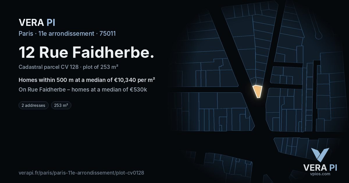 12 Rue Faidherbe, 11e arrondissement at night – the plot lit, the parcels around coloured by the prices near them