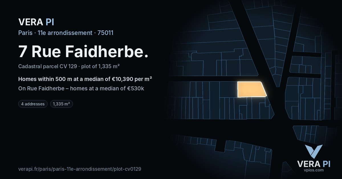 7 Rue Faidherbe, 11e arrondissement at night – the plot lit, the parcels around coloured by the prices near them