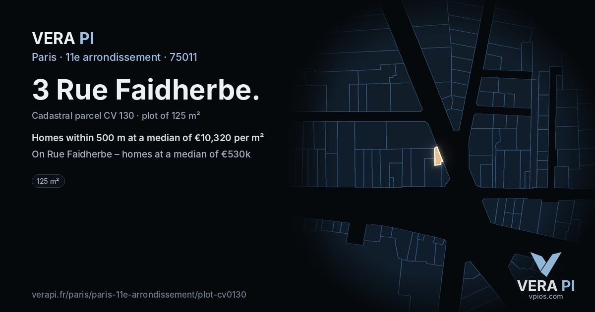 3 Rue Faidherbe, 11e arrondissement at night – the plot lit, the parcels around coloured by the prices near them