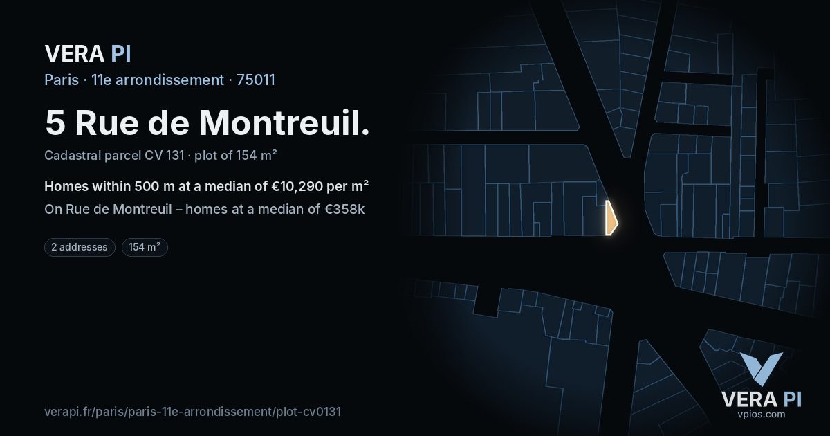 5 Rue de Montreuil, 11e arrondissement at night – the plot lit, the parcels around coloured by the prices near them