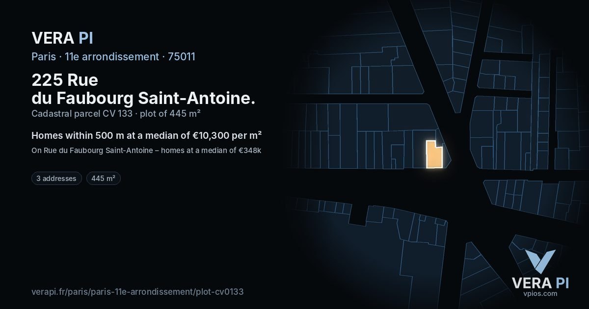 225 Rue du Faubourg Saint-Antoine, 11e arrondissement at night – the plot lit, the parcels around coloured by the prices near them