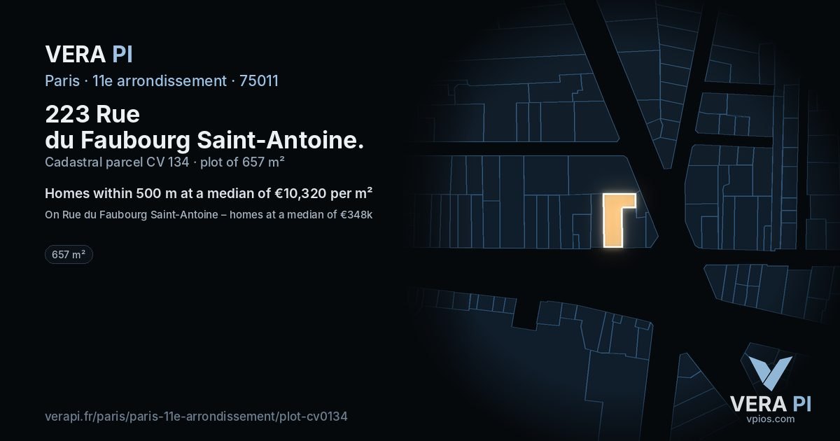 223 Rue du Faubourg Saint-Antoine, 11e arrondissement at night – the plot lit, the parcels around coloured by the prices near them