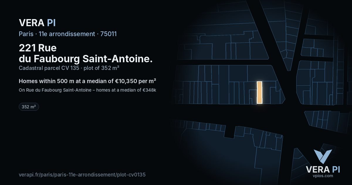 221 Rue du Faubourg Saint-Antoine, 11e arrondissement at night – the plot lit, the parcels around coloured by the prices near them
