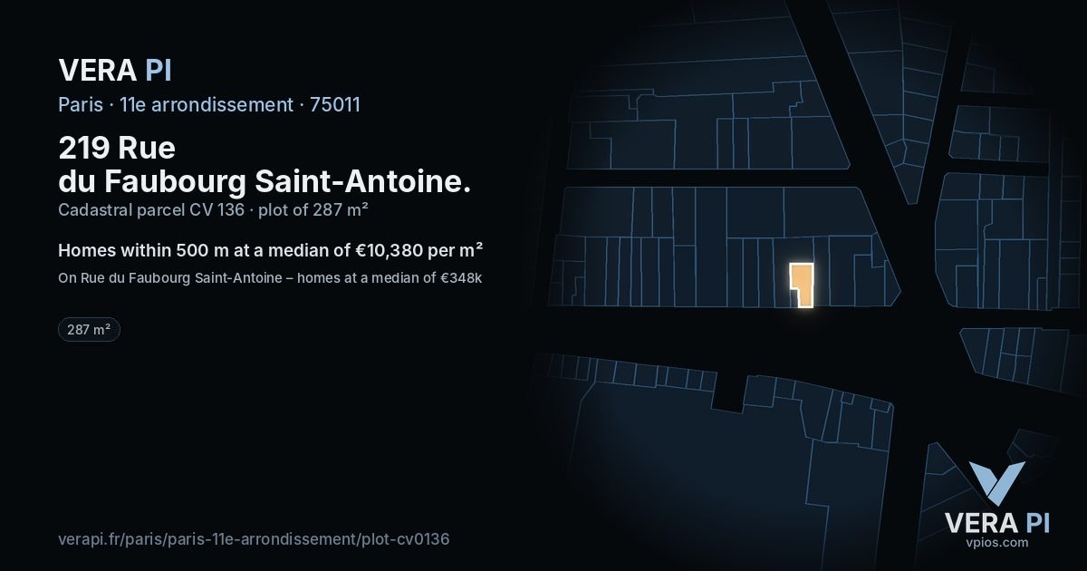 219 Rue du Faubourg Saint-Antoine, 11e arrondissement at night – the plot lit, the parcels around coloured by the prices near them