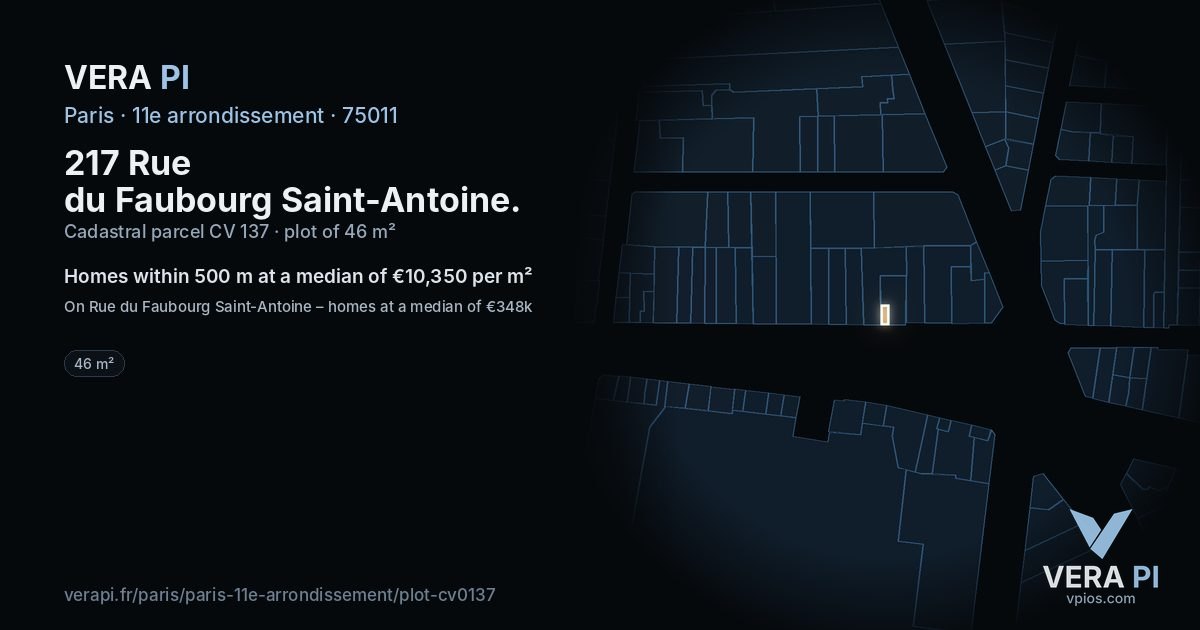 217 Rue du Faubourg Saint-Antoine, 11e arrondissement at night – the plot lit, the parcels around coloured by the prices near them