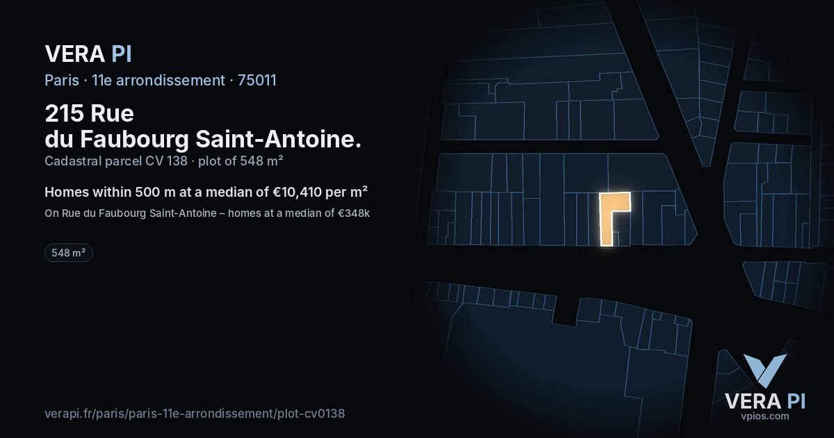 215 Rue du Faubourg Saint-Antoine, 11e arrondissement at night – the plot lit, the parcels around coloured by the prices near them