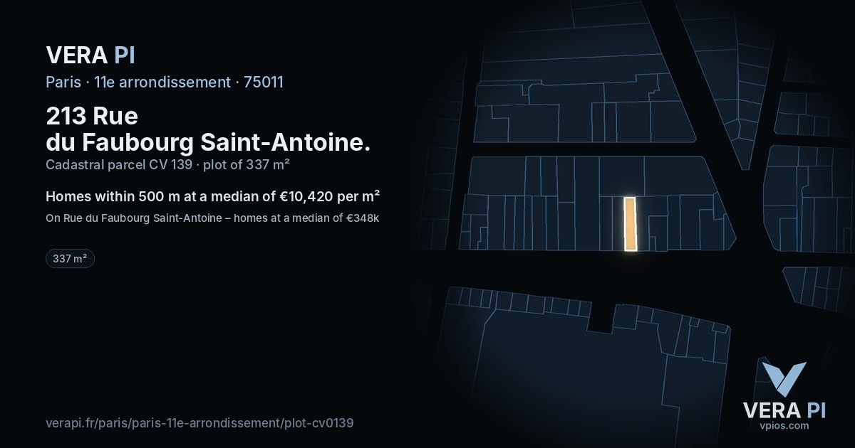 213 Rue du Faubourg Saint-Antoine, 11e arrondissement at night – the plot lit, the parcels around coloured by the prices near them