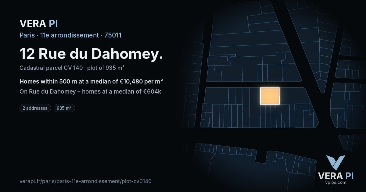 12 Rue du Dahomey, 11e arrondissement at night – the plot lit, the parcels around coloured by the prices near them