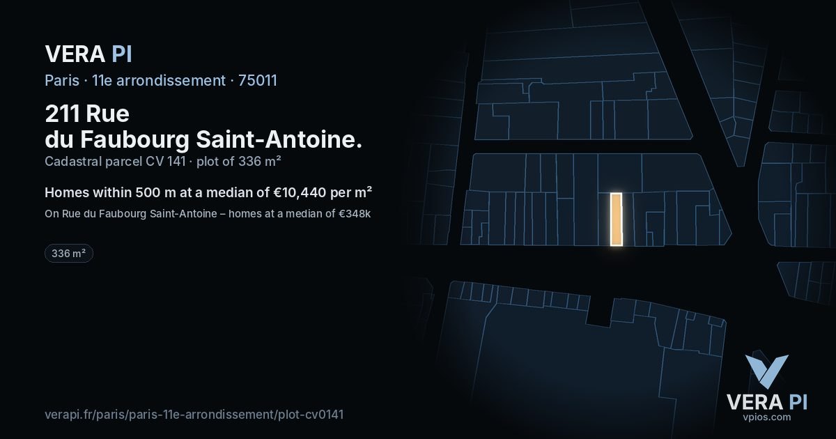 211 Rue du Faubourg Saint-Antoine, 11e arrondissement at night – the plot lit, the parcels around coloured by the prices near them