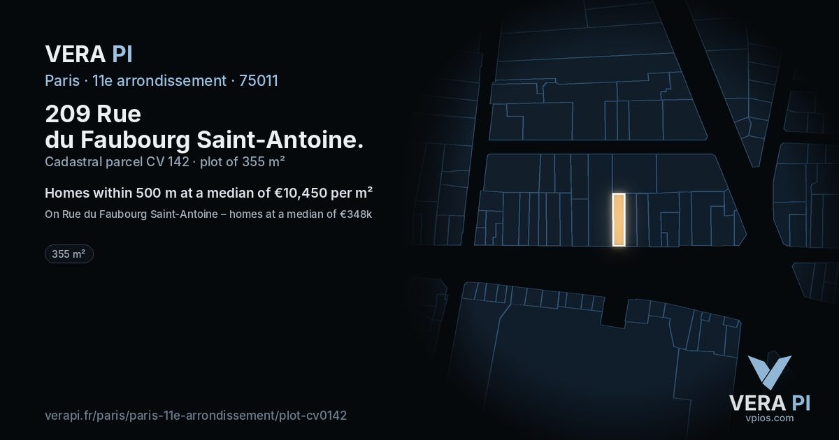 209 Rue du Faubourg Saint-Antoine, 11e arrondissement at night – the plot lit, the parcels around coloured by the prices near them