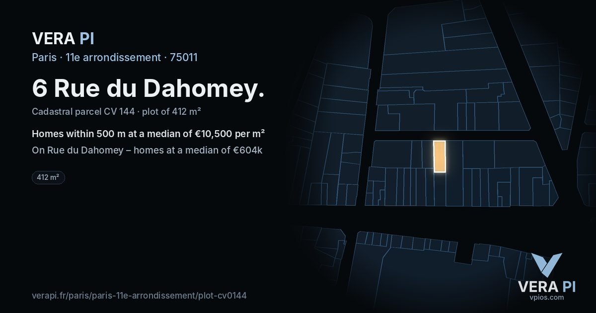 6 Rue du Dahomey, 11e arrondissement at night – the plot lit, the parcels around coloured by the prices near them