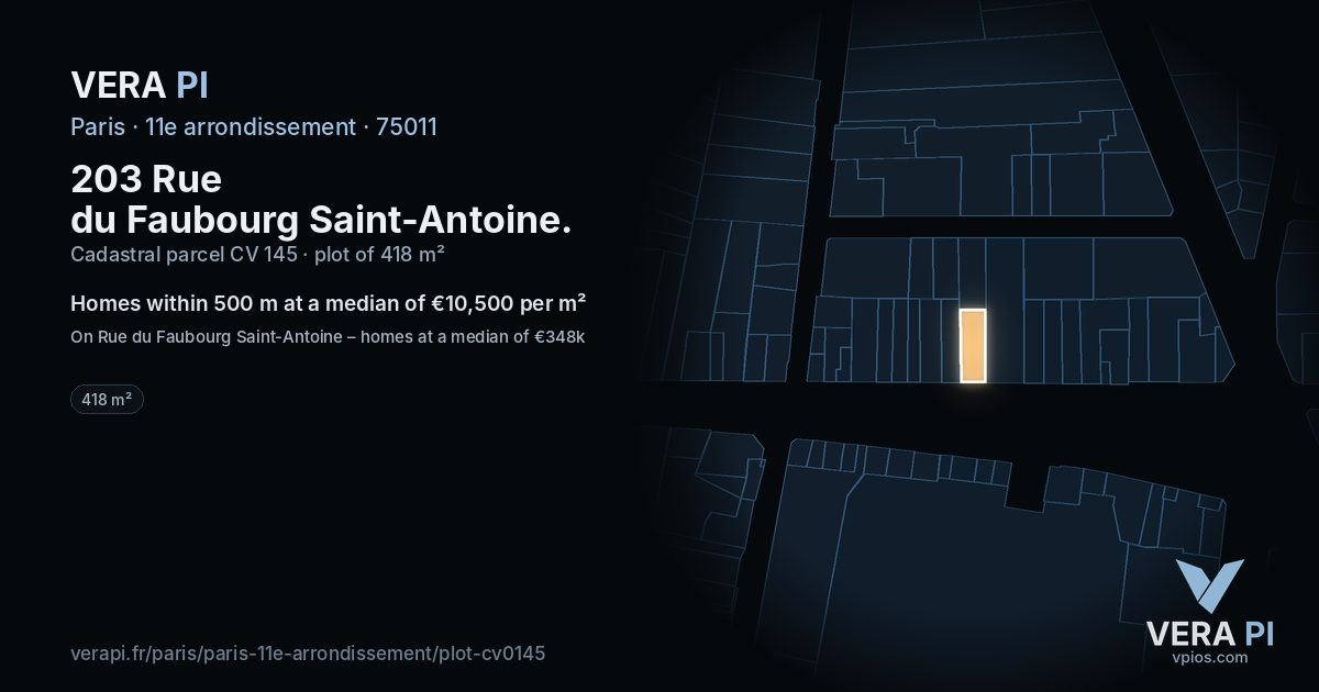 203 Rue du Faubourg Saint-Antoine, 11e arrondissement at night – the plot lit, the parcels around coloured by the prices near them