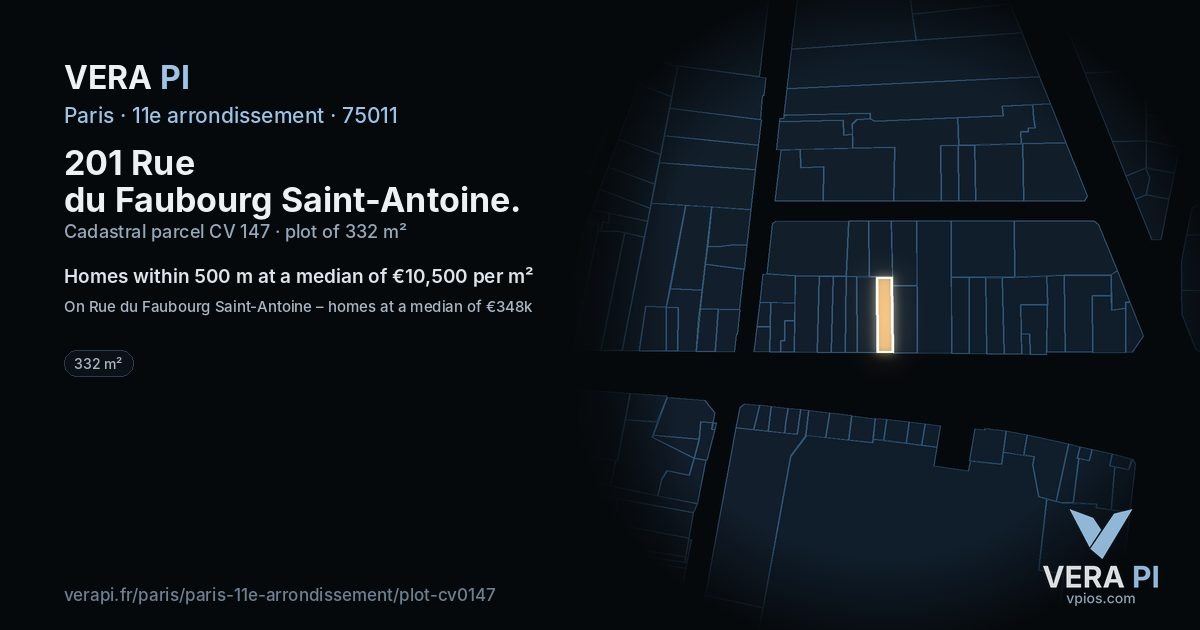 201 Rue du Faubourg Saint-Antoine, 11e arrondissement at night – the plot lit, the parcels around coloured by the prices near them