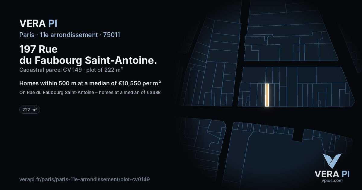 197 Rue du Faubourg Saint-Antoine, 11e arrondissement at night – the plot lit, the parcels around coloured by the prices near them
