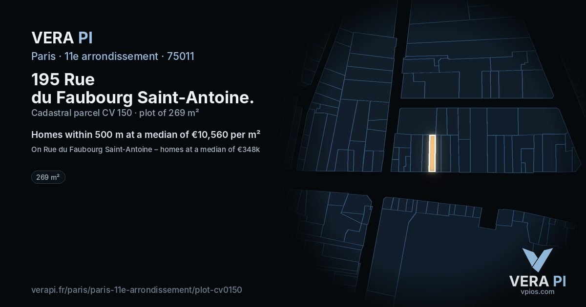 195 Rue du Faubourg Saint-Antoine, 11e arrondissement at night – the plot lit, the parcels around coloured by the prices near them
