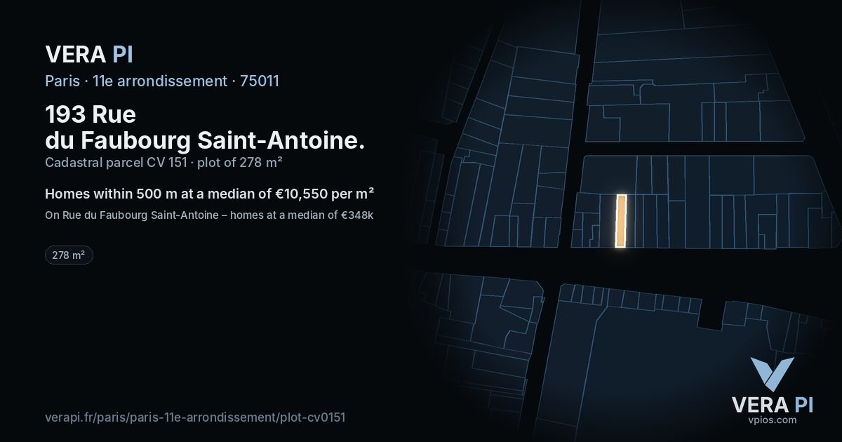 193 Rue du Faubourg Saint-Antoine, 11e arrondissement at night – the plot lit, the parcels around coloured by the prices near them