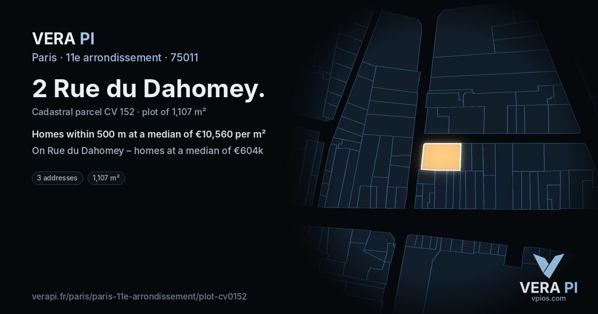 2 Rue du Dahomey, 11e arrondissement at night – the plot lit, the parcels around coloured by the prices near them
