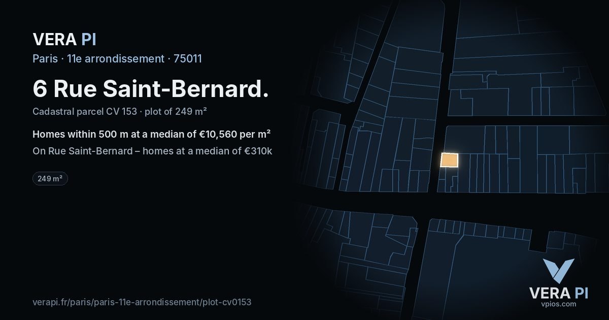 6 Rue Saint-Bernard, 11e arrondissement at night – the plot lit, the parcels around coloured by the prices near them