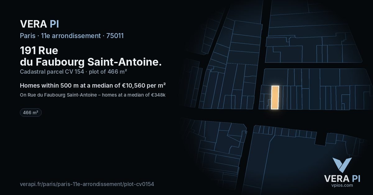 191 Rue du Faubourg Saint-Antoine, 11e arrondissement at night – the plot lit, the parcels around coloured by the prices near them