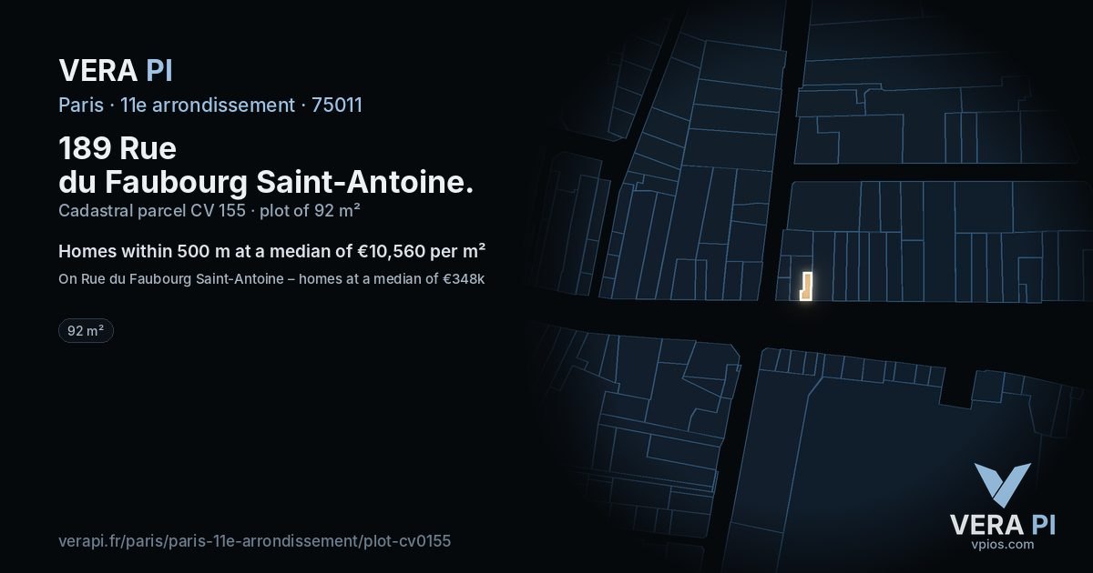 189 Rue du Faubourg Saint-Antoine, 11e arrondissement at night – the plot lit, the parcels around coloured by the prices near them
