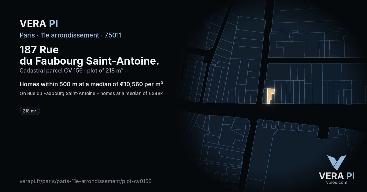 187 Rue du Faubourg Saint-Antoine, 11e arrondissement at night – the plot lit, the parcels around coloured by the prices near them
