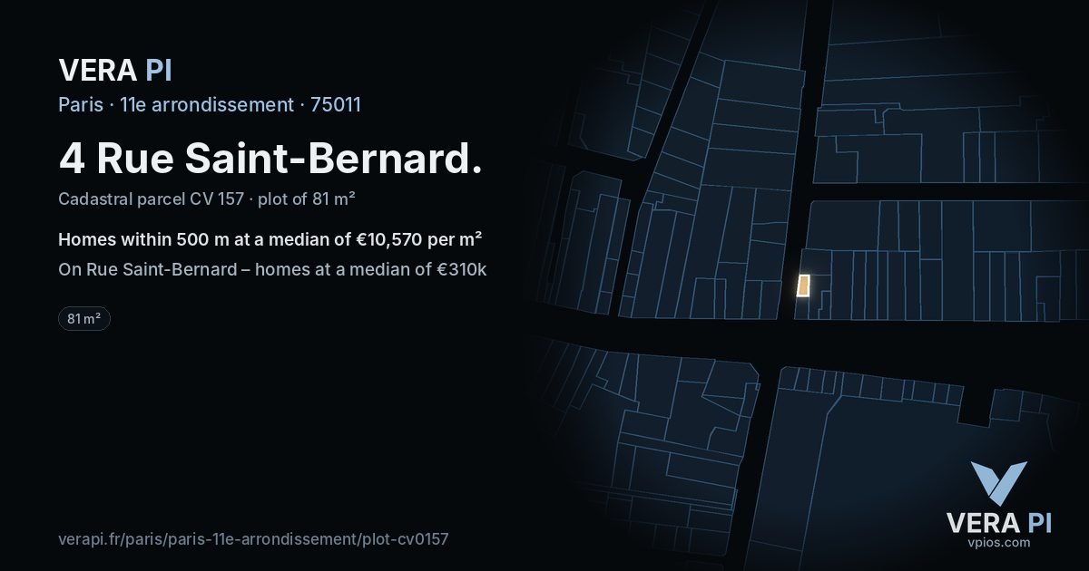 4 Rue Saint-Bernard, 11e arrondissement at night – the plot lit, the parcels around coloured by the prices near them