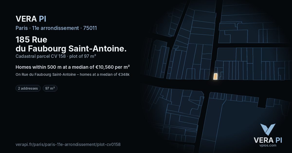 185 Rue du Faubourg Saint-Antoine, 11e arrondissement at night – the plot lit, the parcels around coloured by the prices near them