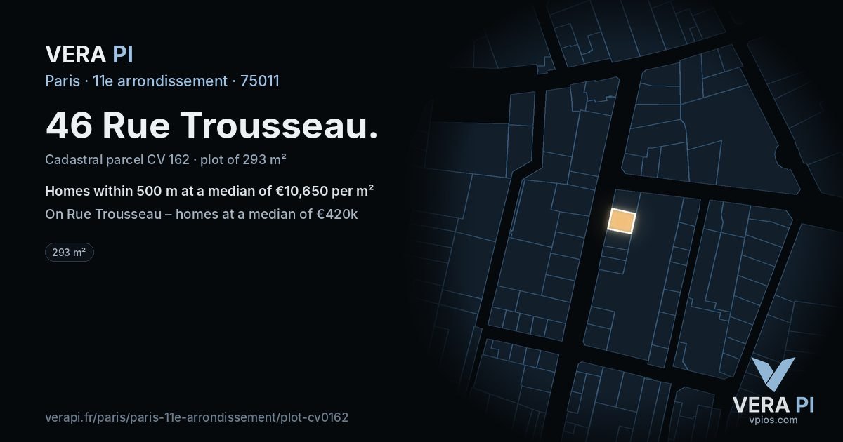 46 Rue Trousseau, 11e arrondissement at night – the plot lit, the parcels around coloured by the prices near them