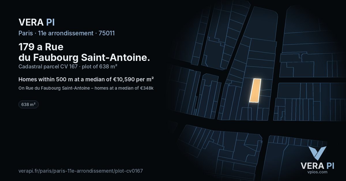 179 a Rue du Faubourg Saint-Antoine, 11e arrondissement at night – the plot lit, the parcels around coloured by the prices near them